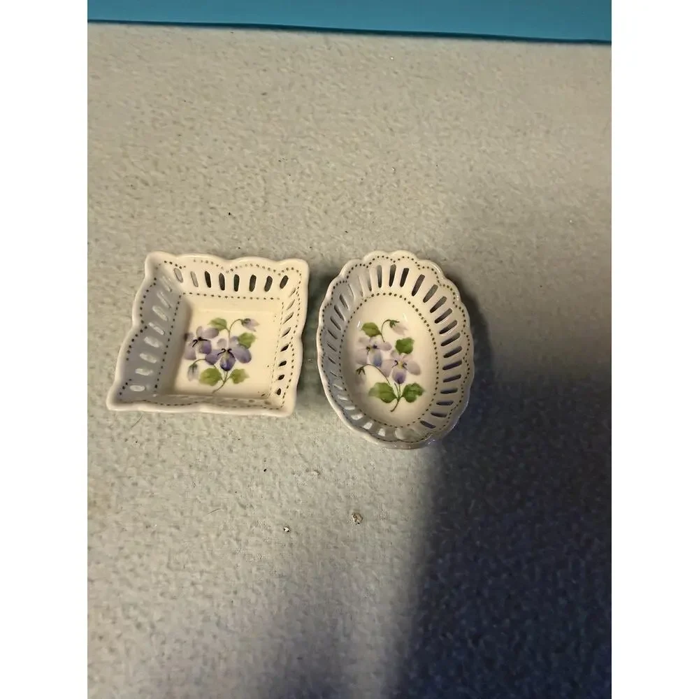 Vintage Sadek Andrea Ceramic Floral Dish Set of 2 White Purple Green for jewelry